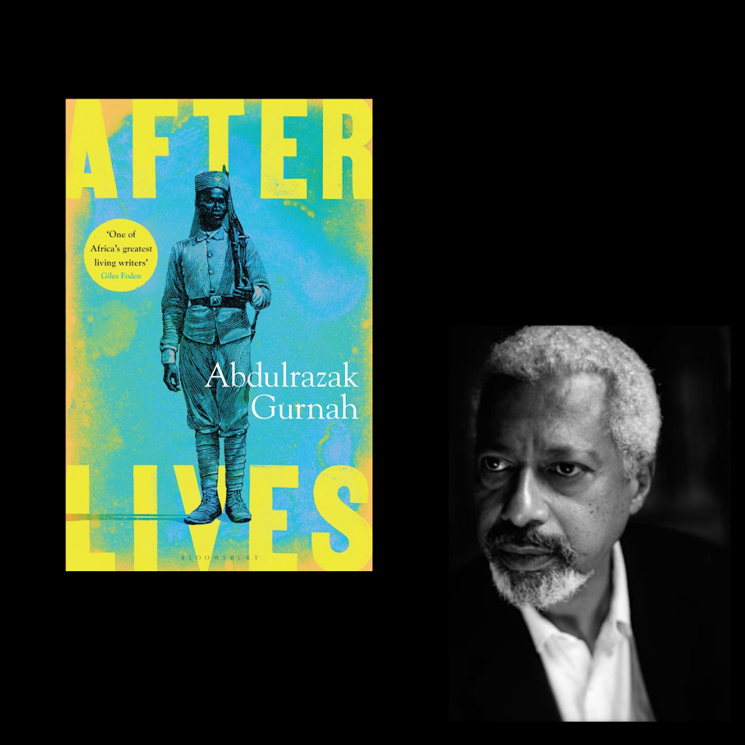 A black square with the cover of Abdulrazak Gurnah's novel on the left side and a black and white headshot of Gurnah himself on the right side