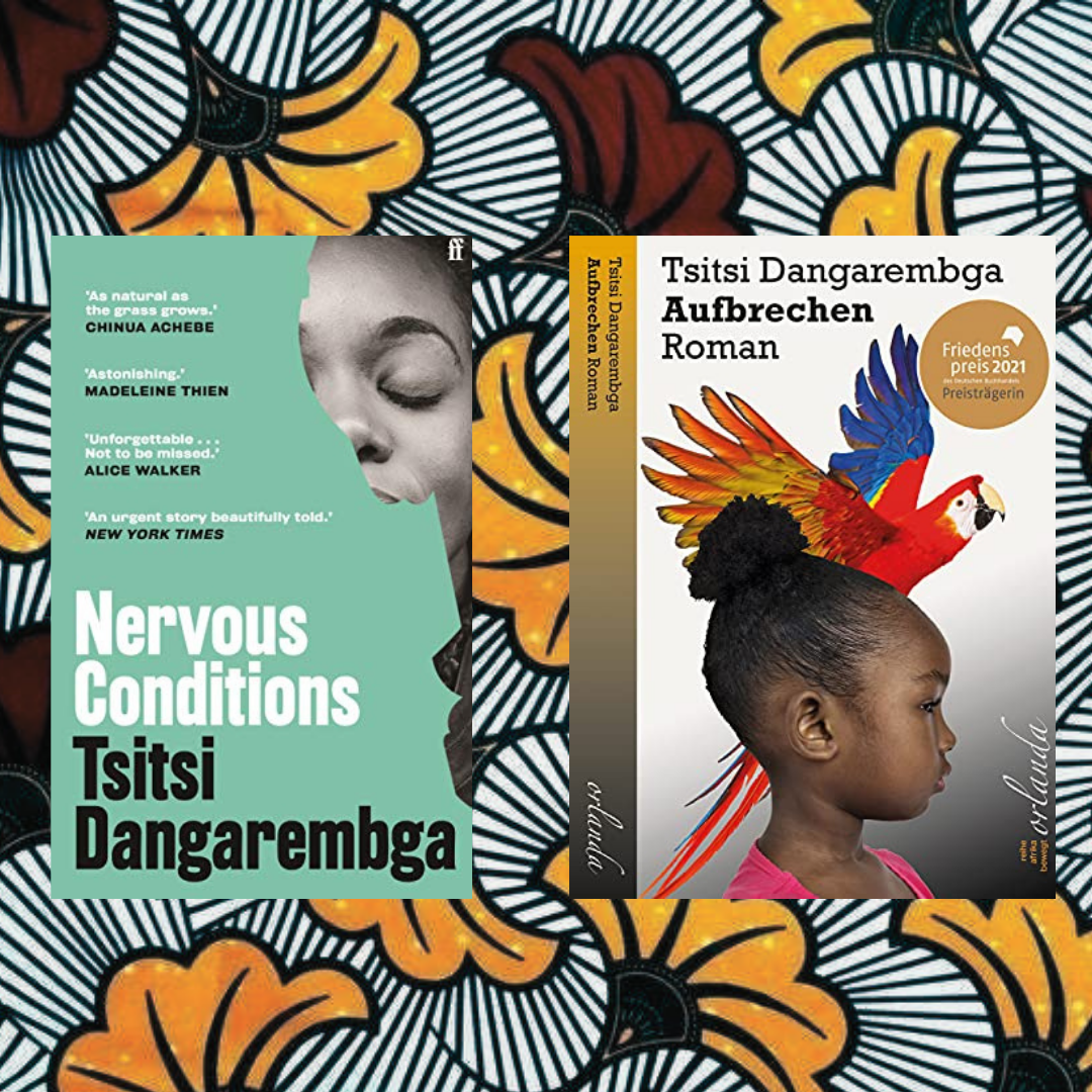 In the background, there is a colorful pattern of an African fabric in black, yellow and red. On it, there are the book covers of Tsitsi Dangarembga's English original Nervous Condition and the German translation Aufbrechen